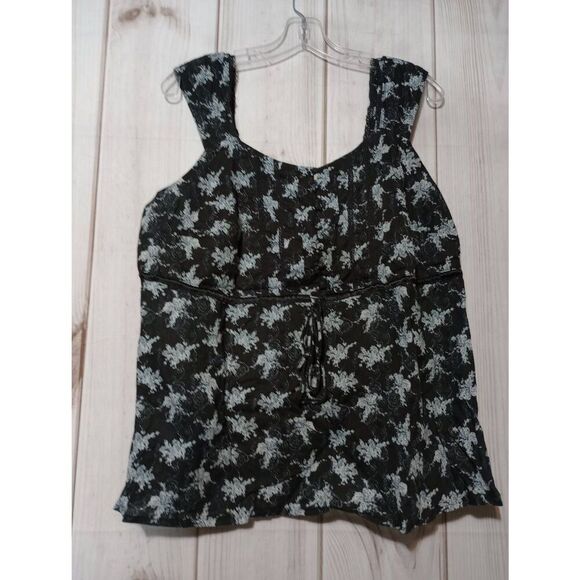 Venezia Women Black Floral Cotton Tank Top Button Front Drawstring Waist Size 18